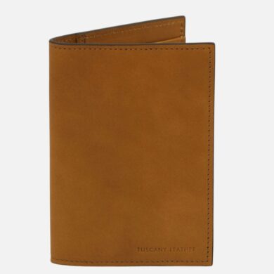 Tan leather wallet standing upright with visible stitching and the 'TUSCANY LEATHER' logo at the bottom edge.