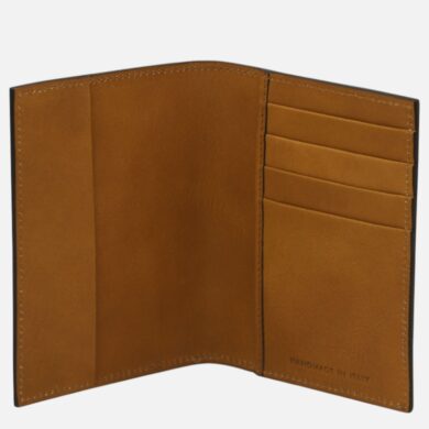 Open tan leather wallet with multiple card slots on the right and a large bill compartment on the left.