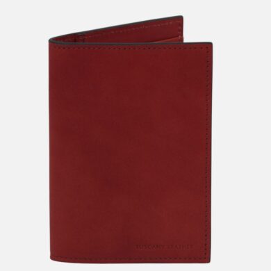 Red leather wallet with visible stitching, brand name 'TUSCANY LEATHER' at the bottom corner.