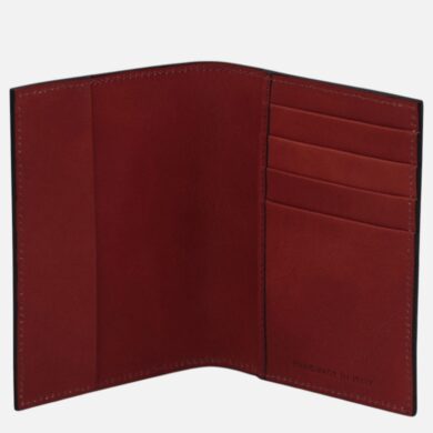 Red leather bifold wallet opened to show card slots on the right and a spacious left pocket; handmade in Italy.