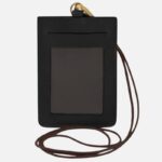 Black leather ID badge holder with a clear front window and brown lanyard strap