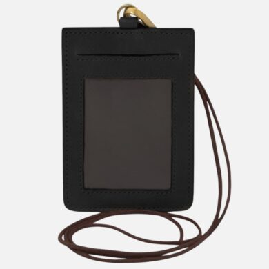 Black leather ID badge holder with a clear front window and brown lanyard strap