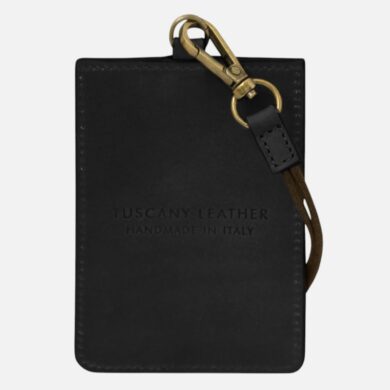 Black leather cardholder with brown strap and brass clasp, embossed with 'TUSCANY LEATHER HANDMADE IN ITALY'