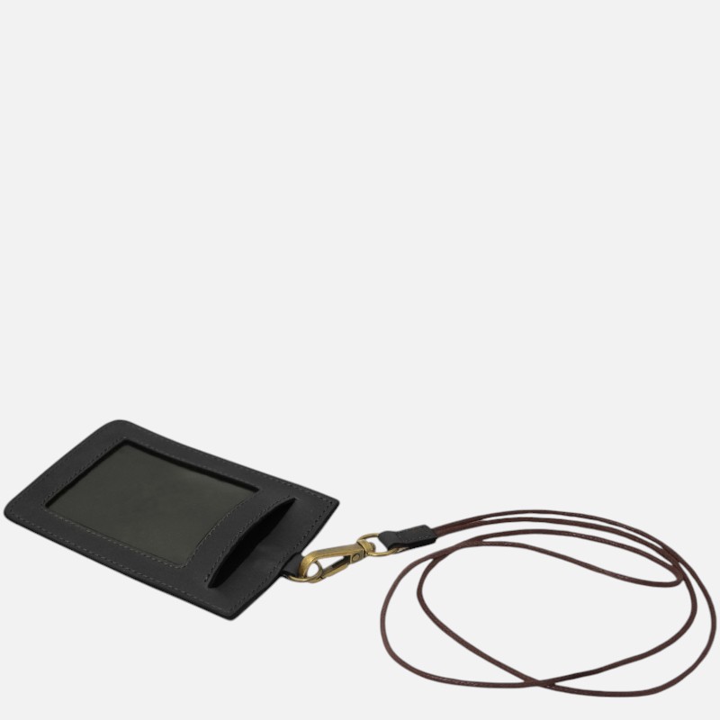 Black leather ID cardholder with a clear window and a detachable brown lanyard for wearing around the neck.