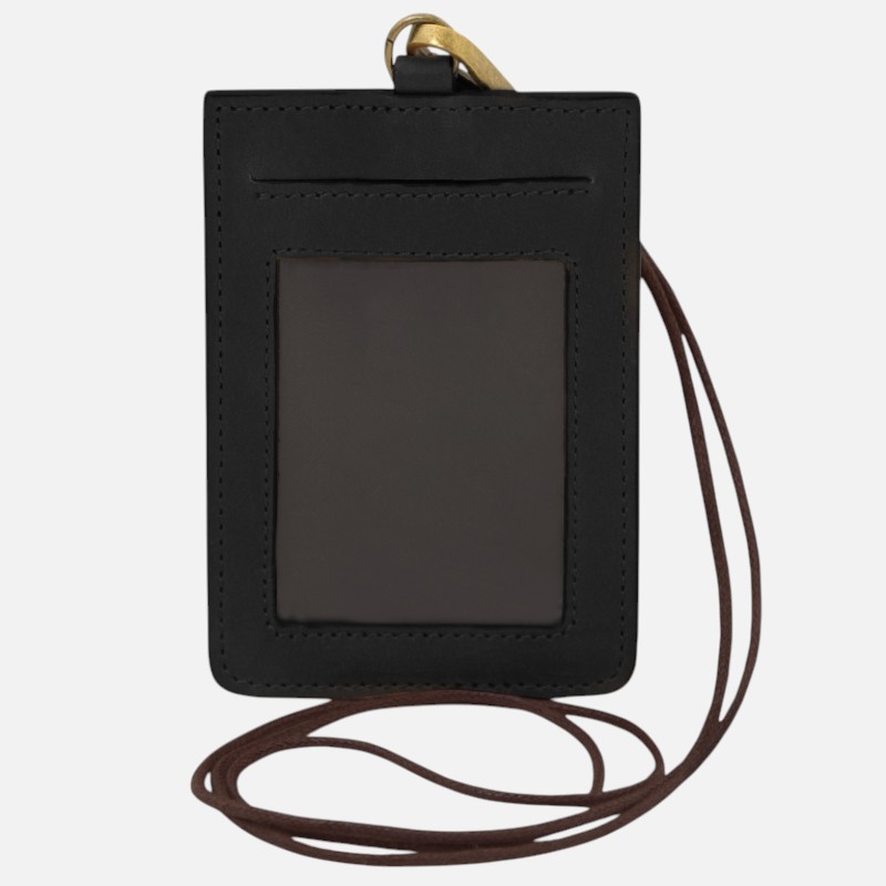 Black leather ID badge holder with a clear front window and brown lanyard strap