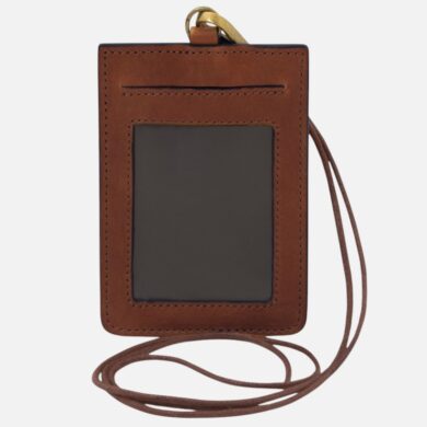Brown leather ID badge holder with a clear front window and matching lanyard strap
