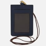 Blue leather vertical ID badge holder with a transparent window and brown lanyard cord. It has a small top slot for a card and a back pocket for a card or badge.