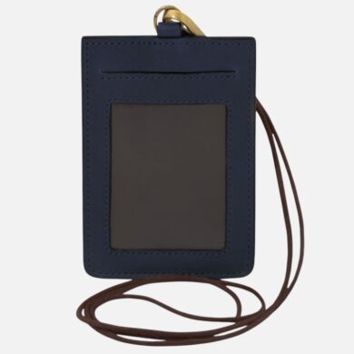 Blue leather vertical ID badge holder with a transparent window and brown lanyard cord. It has a small top slot for a card and a back pocket for a card or badge.