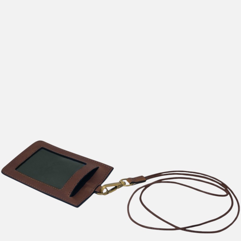 Brown leather ID card holder with a clear window and detachable strap for wearing or carrying around the neck/shoulder