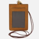 Brown leather ID badge holder with a clear window and long cord for lanyard use