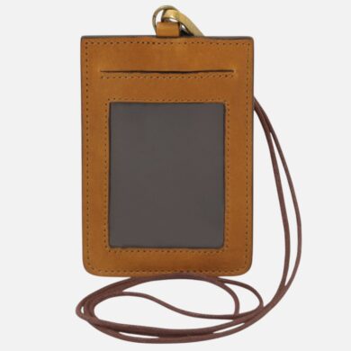 Brown leather ID badge holder with a clear window and long cord for lanyard use