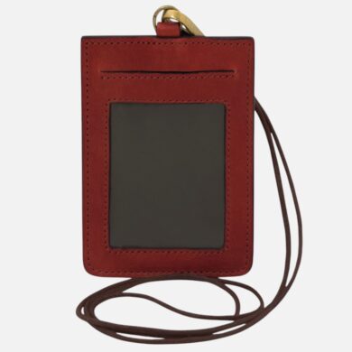 Red leather ID badge holder with a transparent window and a brown lanyard, shown from the front.