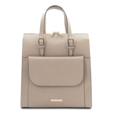 Beige pebbled leather backpack with top handles and a front flap pocket, gold-tone hardware.