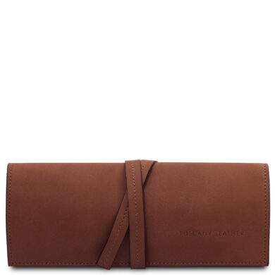 Brown leather wallet with a wraparound strap, embossed with 'Tuscany Leather' on the front.