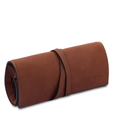 Brown leather glasses case with a wrap strap, branded Tuscany Leather, on a light background.