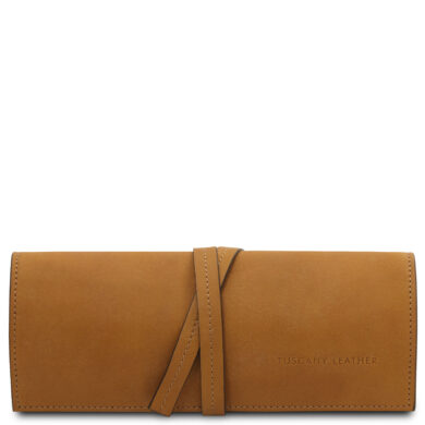 Tan leather wallet with a wraparound strap closure and stitched edges, branding visible on the lower right (Tuscany Leather).