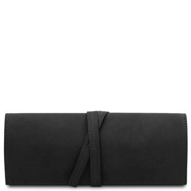 Black leather wallet with a wraparound strap, minimalist design, Tuscany Leather brand subtly inscribed on the front.
