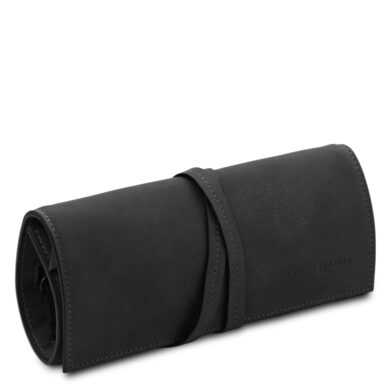 Black leather roll-up wallet with a wrap strap, embossed 'Tuscany Leather' on the side, lying diagonally on a light background.