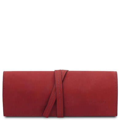 Red leather wallet with a wraparound strap, brand stamp 'TUSCANY LEATHER' on the lower right.