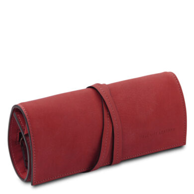 Red leather roll-up glasses case with a matching strap, embossed with Tuscany Leather on the side