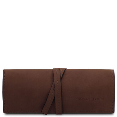 Brown leather wallet with a wraparound strap, embossed 'TUSCANY LEATHER' on the front against a white background.