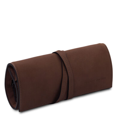Brown leather glasses case with a wrap-around strap and stitched edges, embossed Tuscany Leather on the side