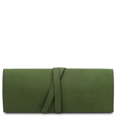 Green leather wallet with a tied wrap strap and subtle Tuscany Leather branding on the front surface.