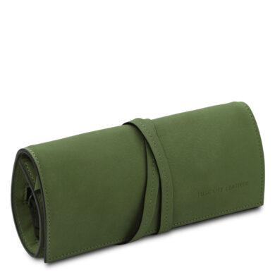 Green leather glasses case with a wrap-around strap and stitched edges.