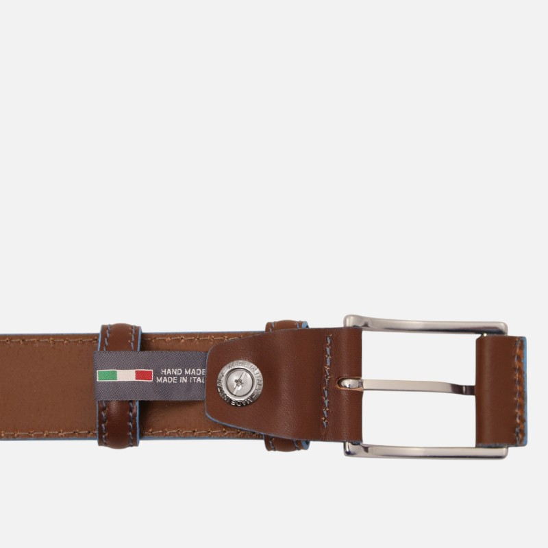 Casual leather belt 35mm with light blue edges - Καφέ - Image 3