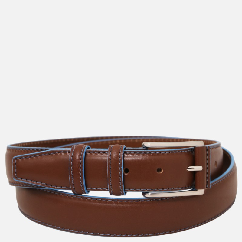 Casual leather belt 35mm with light blue edges - Καφέ