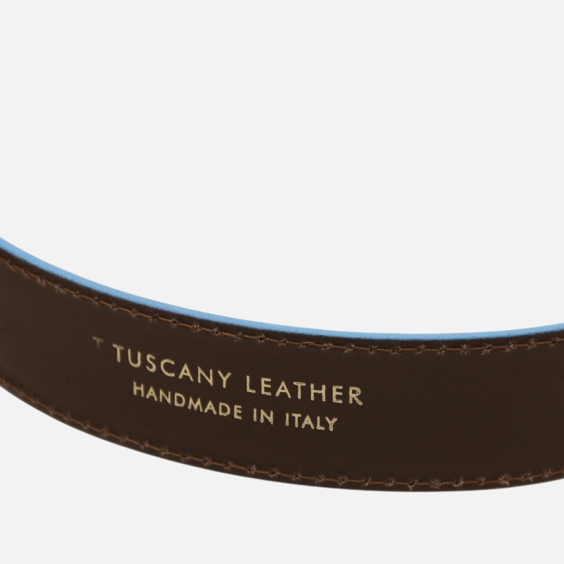 Casual leather belt 35mm with light blue edges - Καφέ σκούρο - Image 3