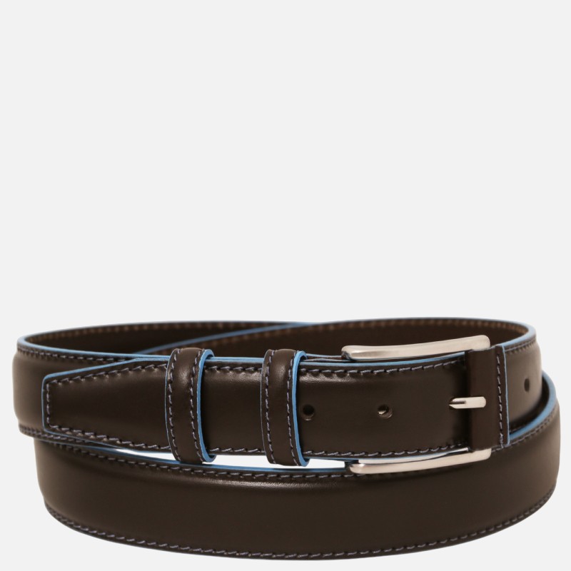 Casual leather belt 35mm with light blue edges - Καφέ σκούρο