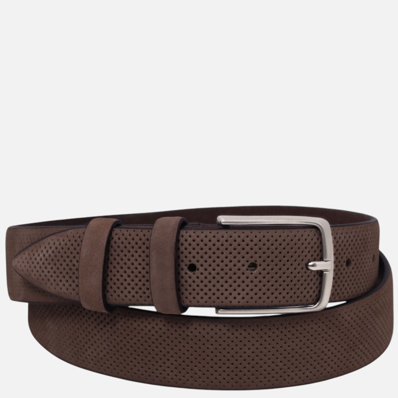 Elegant perforated nubuck leather belt 35mm - 105 cm - Dark Brown