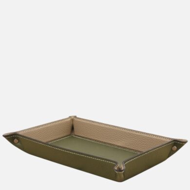 Two-toned leather valet tray (olive exterior, tan interior) with stitched edges, used to hold small items like keys or coins.