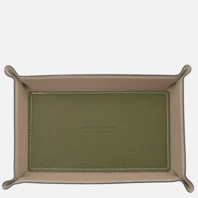 Rectangular beige leather tray with a green inner panel and white stitching along the edges.