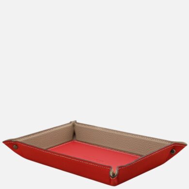 Red leather tray with a tan interior and white stitching, shallow rectangular catchall for keys or coins.