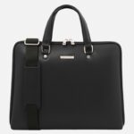 Black leather briefcase with two top handles and a detachable shoulder strap, front view