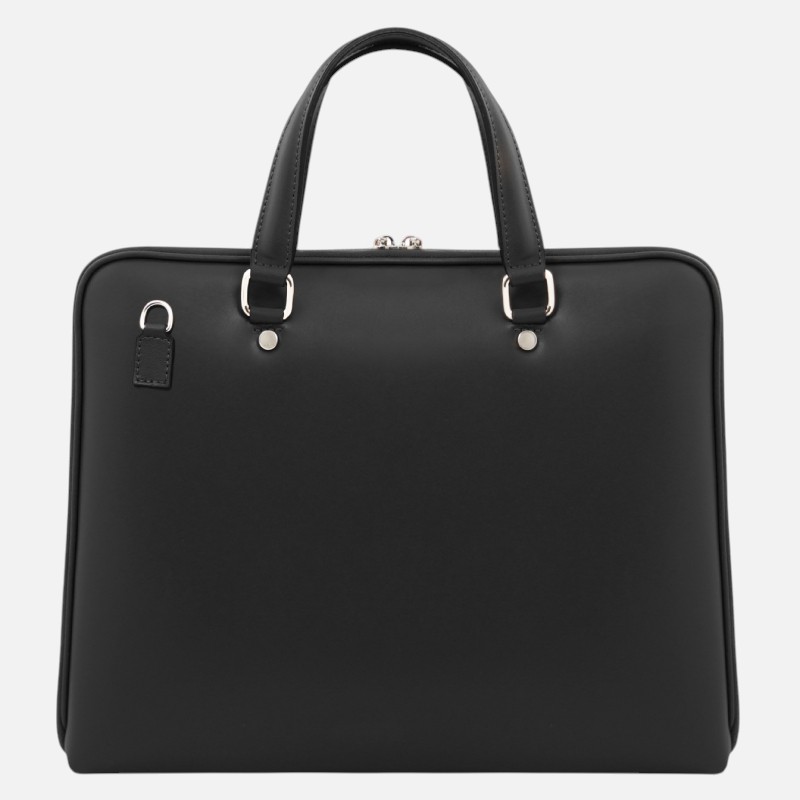 Black leather briefcase with two handles and silver hardware on a plain background.
