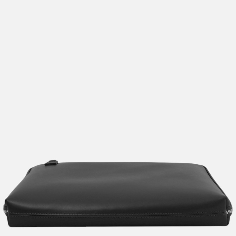 Black zippered laptop sleeve lying flat on a white background, showing its sleek rectangular shape and stitched edges, 13–15 inch size typical.