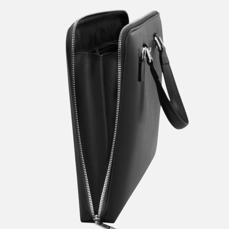 Black leather shoulder bag with silver zippers, shown from the side with the top partially open to reveal the main compartment