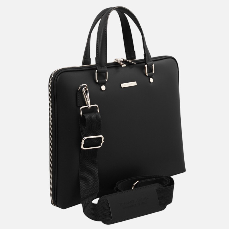 Black rectangular briefcase with dual top handles, a detachable wide shoulder strap, and silver hardware on a white background.