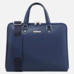 Blue leather briefcase with double top handles and a detachable dark blue shoulder strap.
