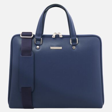 Blue leather briefcase with double top handles and a detachable dark blue shoulder strap.