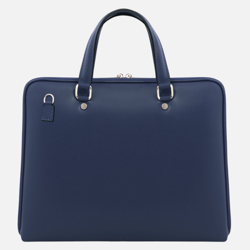 Navy blue leather laptop bag with two top handles and silver hardware on a light background.