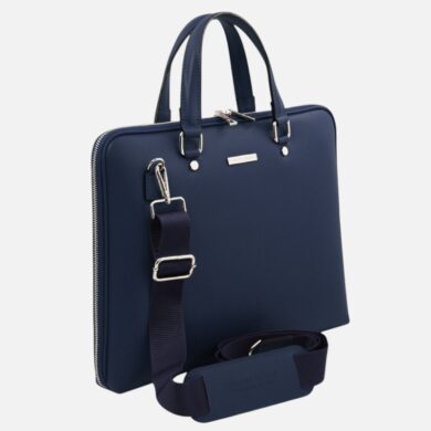 Navy blue laptop bag with two top handles and a detachable shoulder strap on a light background