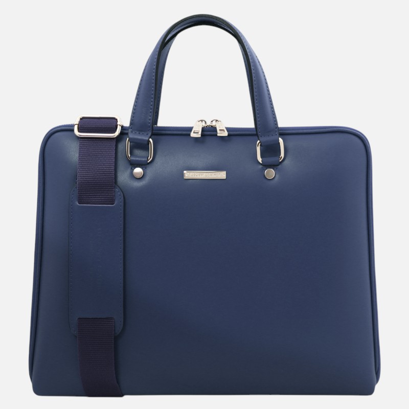 Blue leather briefcase with double top handles and a detachable dark blue shoulder strap.
