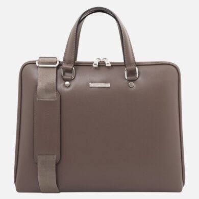 Brown leather briefcase with top handles and a detachable shoulder strap on the left side