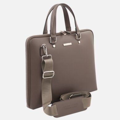 Brown leather briefcase with two top handles and a detachable shoulder strap, viewed from the front.