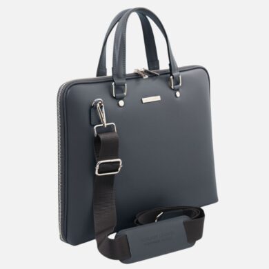 Navy laptop briefcase with top handles and a detachable shoulder strap, metal hardware, and a slim rectangular shape