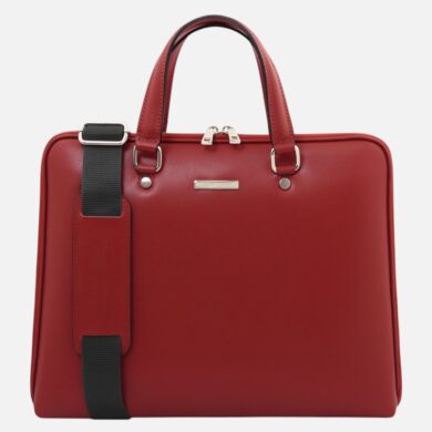 Red leather briefcase with top handles and a detachable black shoulder strap on the side.